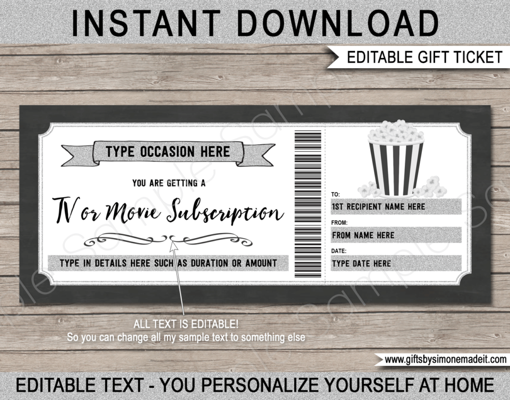 TV Streaming Subscription Voucher Template | Netflix, Disney+, Hulu, Amazon Prime, Apple TV Online Movie Subscription Service Gift Certificate Card | DIY Printable with Editable Text | INSTANT DOWNLOAD via giftsbysimonemadeit.com