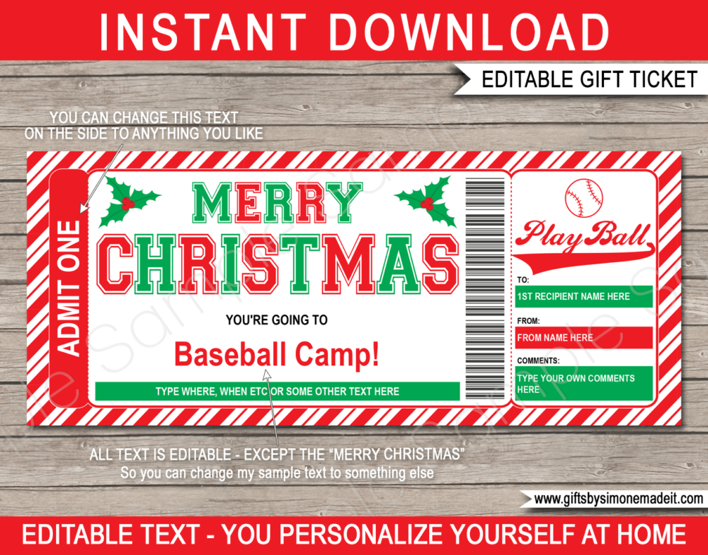 Christmas Baseball Camp Ticket Template | Gift Ideas | DIY Printable Gift Certificate Voucher Card with Editable Text | NSTANT DOWNLOAD via giftsbysimonemadeit.com
