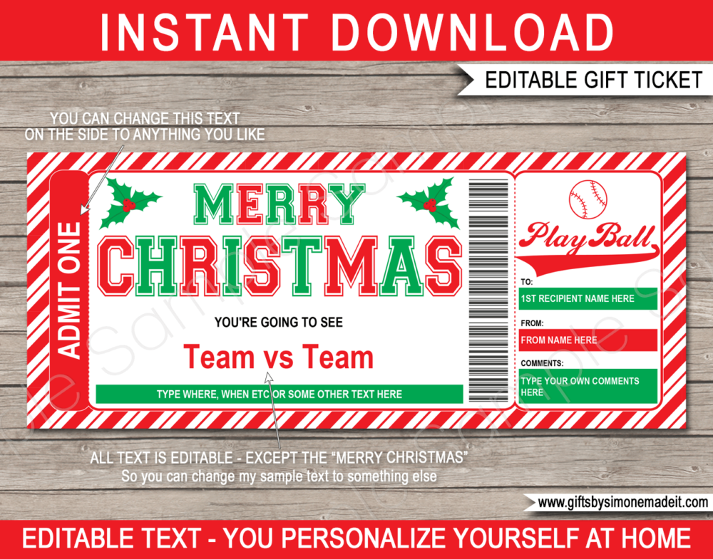 Christmas Baseball Ticket Template | Printable Game Ticket Gift Ideas | DIY Printable Gift Certificate Voucher Card with Editable Text | NSTANT DOWNLOAD via giftsbysimonemadeit.com