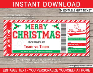 Christmas Baseball Ticket Template | Printable Game Ticket Gift Ideas | DIY Printable Gift Certificate Voucher Card with Editable Text | NSTANT DOWNLOAD via giftsbysimonemadeit.com