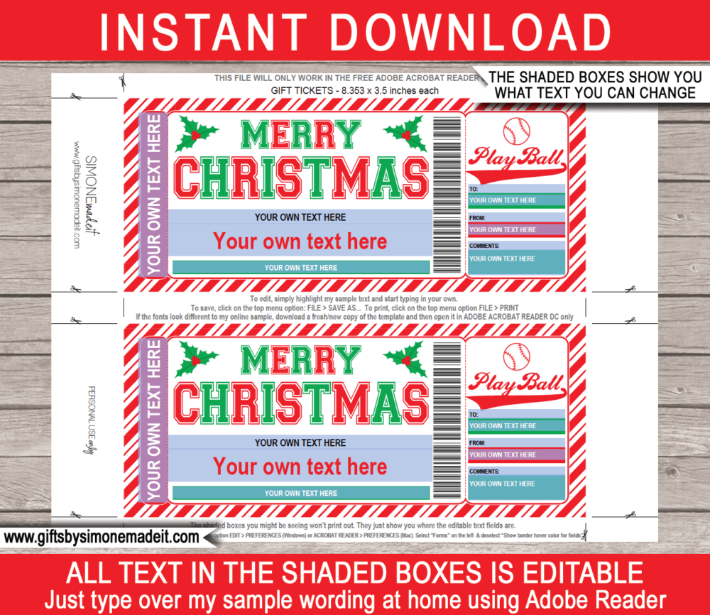 Christmas Baseball Ticket Template | Printable Game Ticket Gift Ideas | DIY Printable Gift Certificate Voucher Card with Editable Text | NSTANT DOWNLOAD via giftsbysimonemadeit.com