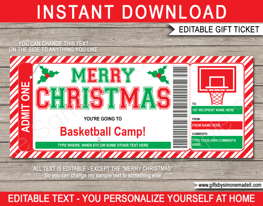 Christmas Basketball Camp Ticket Template | Gift Ideas | DIY Printable Gift Certificate Voucher Card with Editable Text | NSTANT DOWNLOAD via giftsbysimonemadeit.com