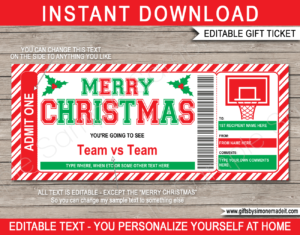 Christmas Basketball Ticket Template | Printable Game Ticket Gift Ideas | DIY Printable Gift Certificate Voucher Card with Editable Text | NSTANT DOWNLOAD via giftsbysimonemadeit.com