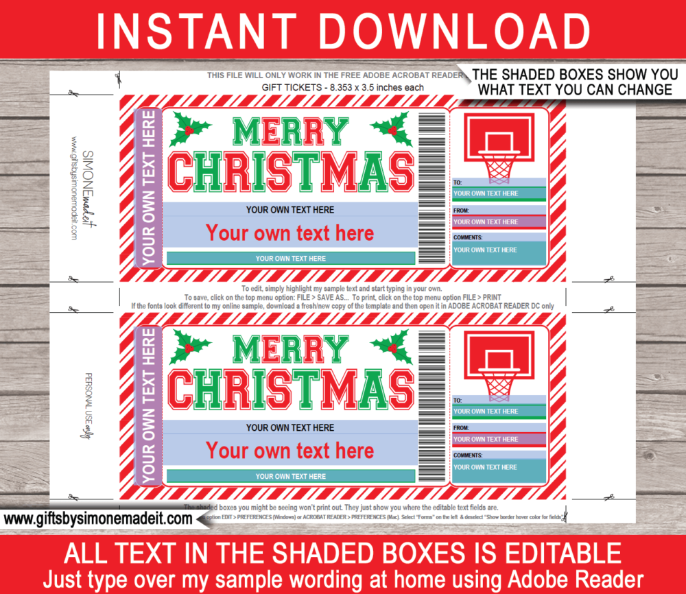 Christmas Basketball Ticket Template | Printable Game Ticket Gift Ideas | DIY Printable Gift Certificate Voucher Card with Editable Text | NSTANT DOWNLOAD via giftsbysimonemadeit.com