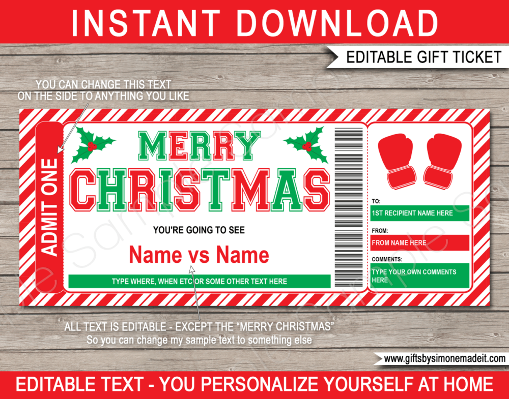 Christmas Boxing Ticket Template | Printable Match Fight Ticket Gift Ideas | DIY Printable Gift Certificate Voucher Card with Editable Text | NSTANT DOWNLOAD via giftsbysimonemadeit.com