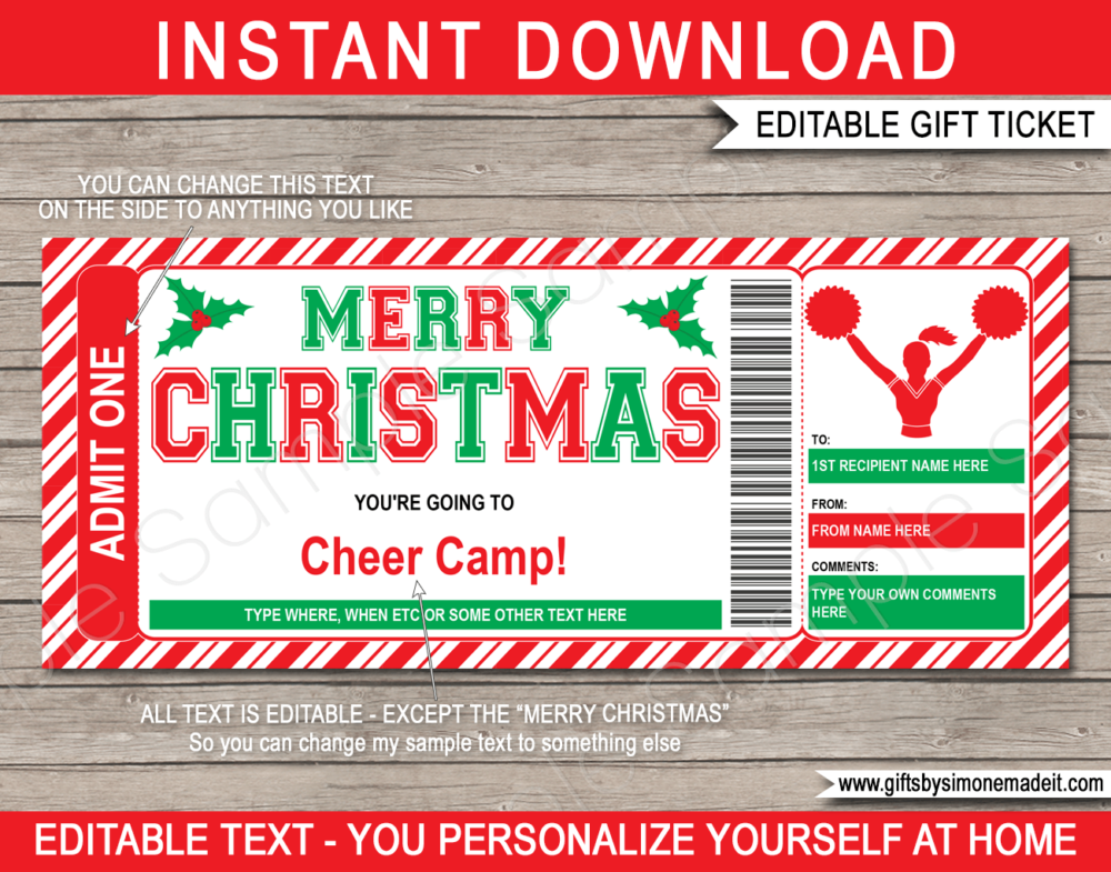 Christmas Cheer Camp Ticket Template | Gift Ideas | DIY Printable Gift Certificate Voucher Card with Editable Text | NSTANT DOWNLOAD via giftsbysimonemadeit.com