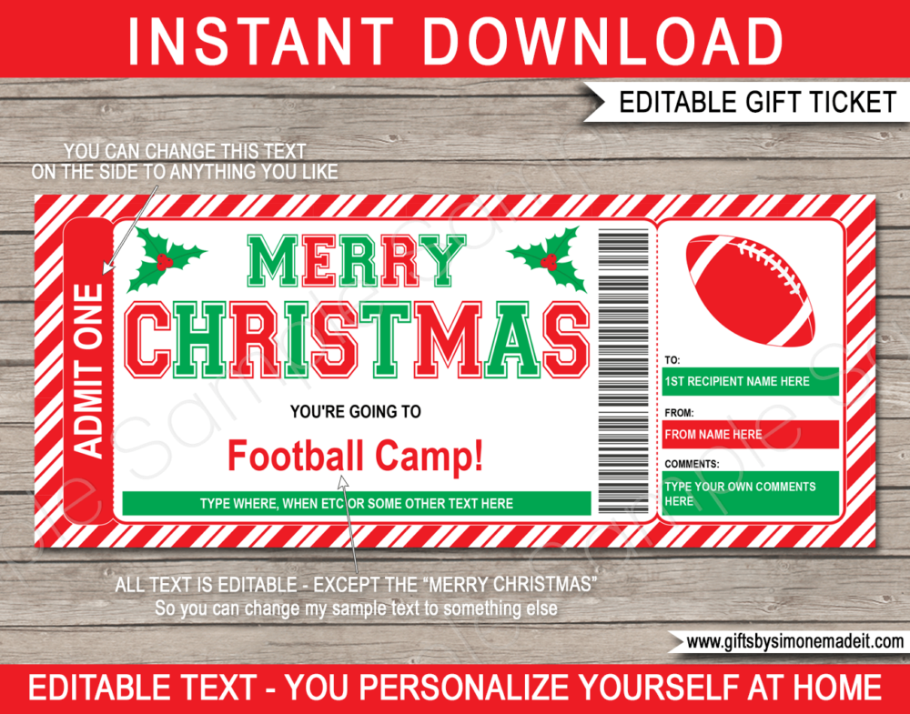 Christmas Football Camp Ticket Template | Gift Ideas | DIY Printable Gift Certificate Voucher Card with Editable Text | NSTANT DOWNLOAD via giftsbysimonemadeit.com