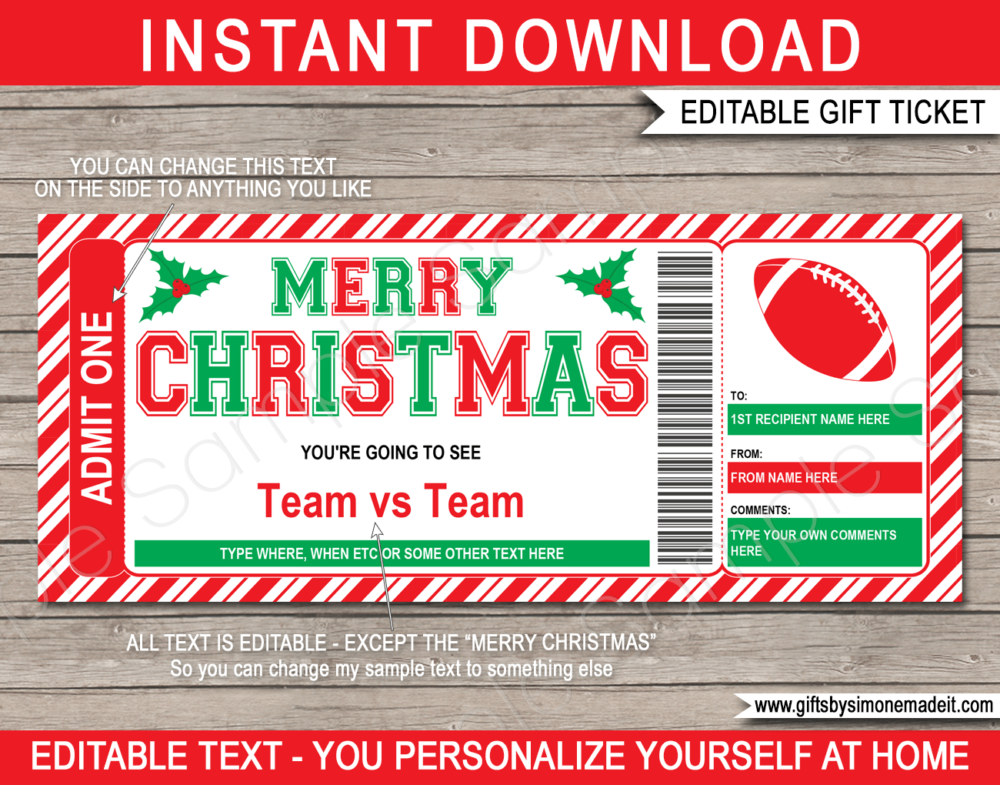 Christmas Football Ticket Template | Printable Game Ticket Gift Ideas | DIY Printable Gift Certificate Voucher Card with Editable Text | NSTANT DOWNLOAD via giftsbysimonemadeit.com