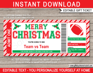Christmas Football Ticket Template | Printable Game Ticket Gift Ideas | DIY Printable Gift Certificate Voucher Card with Editable Text | NSTANT DOWNLOAD via giftsbysimonemadeit.com