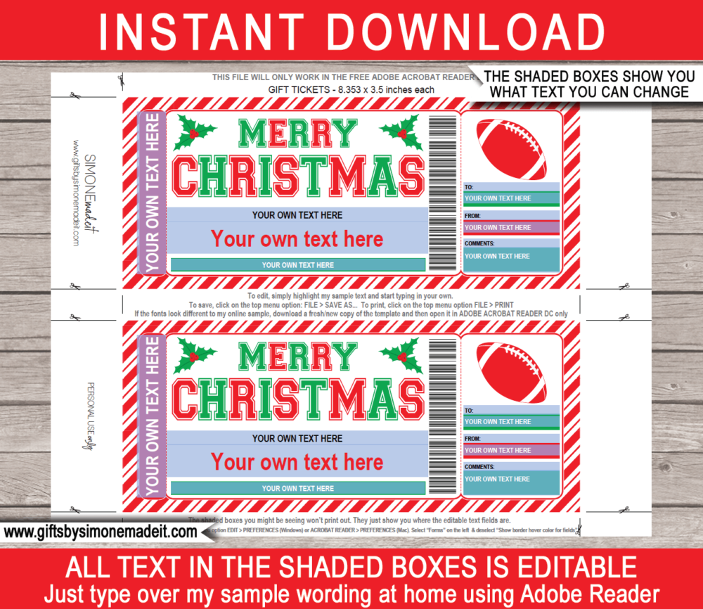 Christmas Football Ticket Template | Printable Game Ticket Gift Ideas | DIY Printable Gift Certificate Voucher Card with Editable Text | NSTANT DOWNLOAD via giftsbysimonemadeit.com