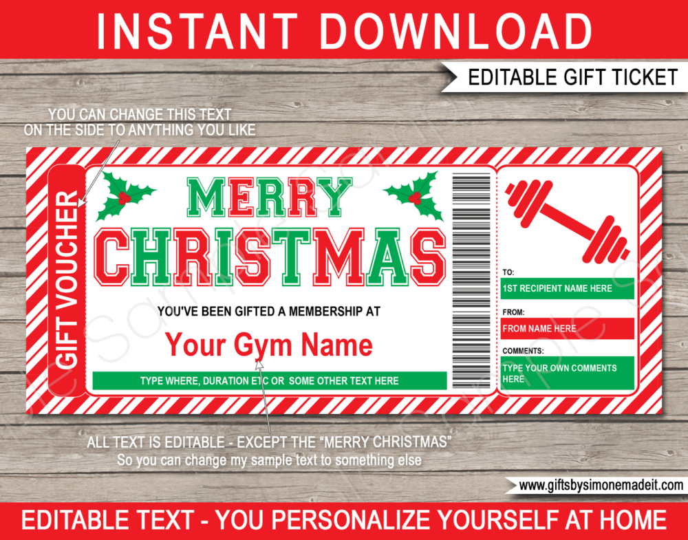 Christmas Gym Membership Gift Voucher Template | Weight Training Gift Ideas | DIY Printable Gift Certificate Voucher Card with Editable Text | NSTANT DOWNLOAD via giftsbysimonemadeit.com