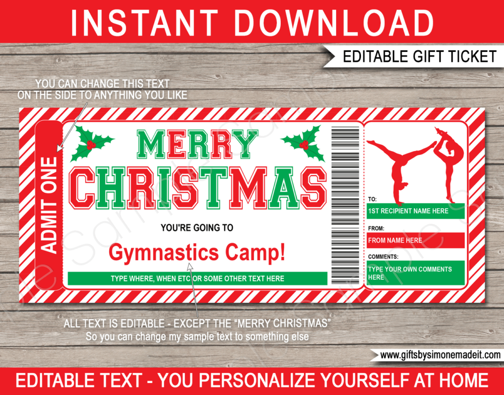 Birthday Gymnastics Camp Ticket Template | Gift Ideas | DIY Printable Gift Certificate Voucher Card with Editable Text | NSTANT DOWNLOAD via giftsbysimonemadeit.com