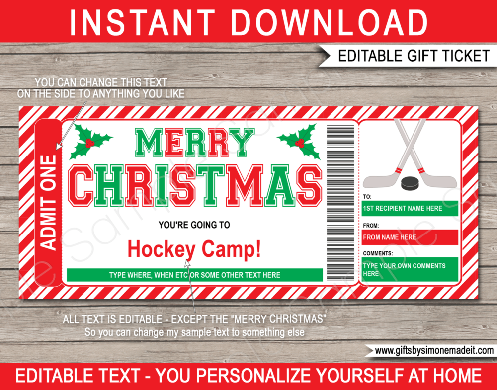 Christmas Hockey Camp Ticket Template | Gift Ideas | DIY Printable Gift Certificate Voucher Card with Editable Text | NSTANT DOWNLOAD via giftsbysimonemadeit.com