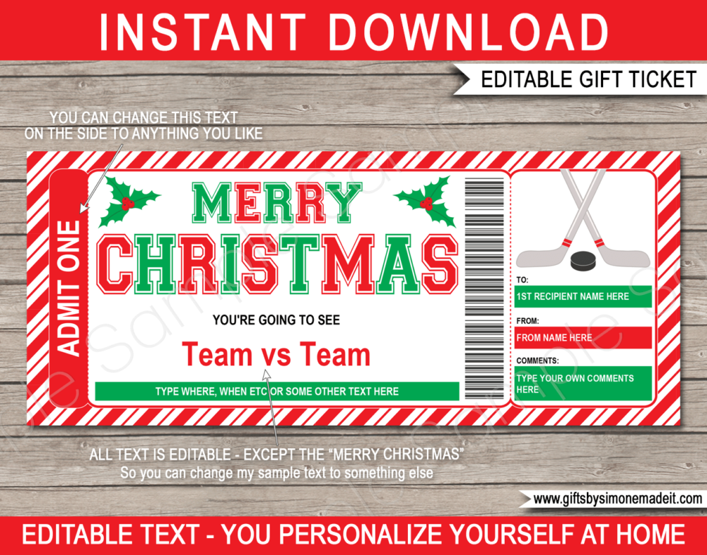 Christmas Hockey Ticket Template | Printable Game Ticket Gift Ideas | DIY Printable Gift Certificate Voucher Card with Editable Text | NSTANT DOWNLOAD via giftsbysimonemadeit.com