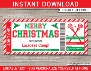 Christmas Lacrosse Camp Ticket Template | Gift Ideas | DIY Printable Gift Certificate Voucher Card with Editable Text | NSTANT DOWNLOAD via giftsbysimonemadeit.com