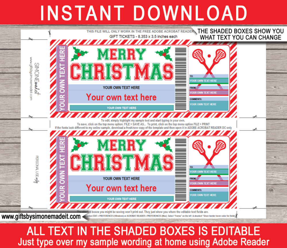 Christmas Lacrosse Camp Ticket Template | Gift Ideas | DIY Printable Gift Certificate Voucher Card with Editable Text | NSTANT DOWNLOAD via giftsbysimonemadeit.com