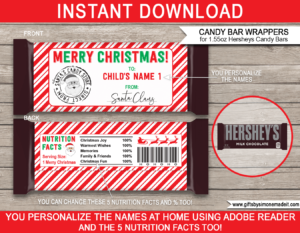 Christmas Candy Bar Wrappers Template | Printable Gift from Santa | 1.55oz Hersheys Candy Bars | easy gift idea for the kids direct from Santa's Candy Store | INSTANT DOWNLOAD via giftsbysimonemadeit.com