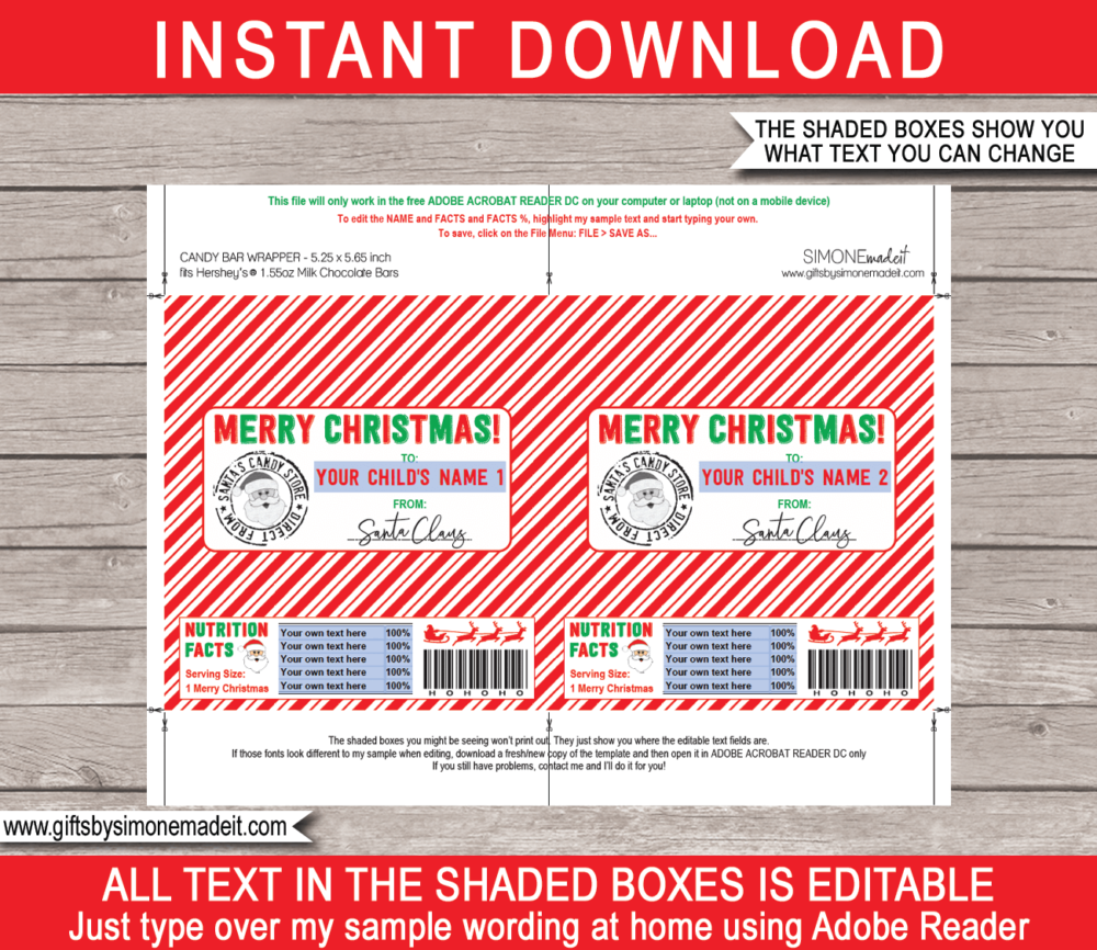 Christmas Candy Bar Wrappers Template | Printable Gift from Santa | 1.55oz Hersheys Candy Bars | easy gift idea for the kids direct from Santa's Candy Store | INSTANT DOWNLOAD via giftsbysimonemadeit.com
