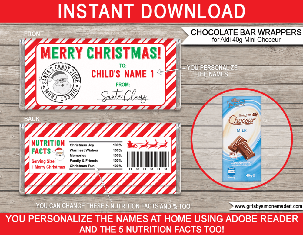 Christmas Chocolate Bar Wrappers Template | Printable Gift from Santa | Aldi 40g Mini Choceur Chocolate Bar | easy gift idea for the kids direct from Santa's Candy Store | INSTANT DOWNLOAD via giftsbysimonemadeit.com