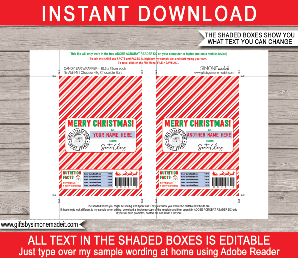 Christmas Chocolate Bar Wrappers Template | Printable Gift from Santa | Aldi 40g Mini Choceur Chocolate Bar | easy gift idea for the kids direct from Santa's Candy Store | INSTANT DOWNLOAD via giftsbysimonemadeit.com