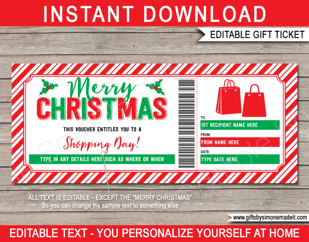 Christmas Shopping Day Gift Voucher Template | DIY Printable Gift Certificate with Editable Text | INSTANT DOWNLOAD via giftsbysimonemadeit.com
