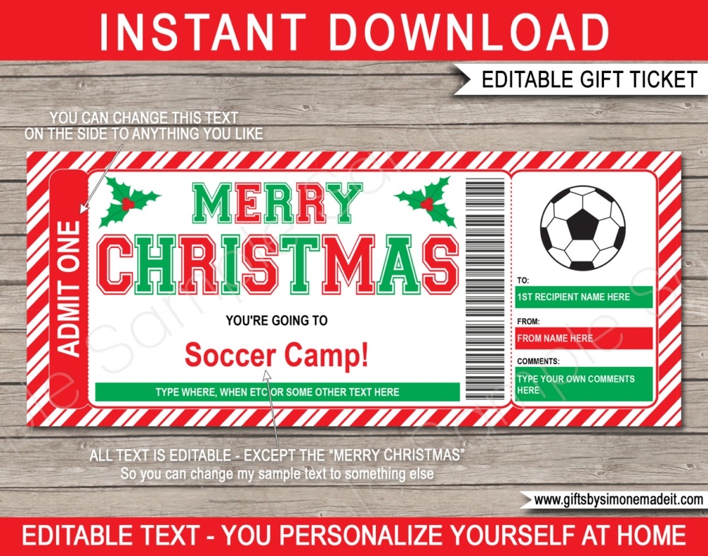 Christmas Soccer Camp Ticket Template | Gift Ideas | DIY Printable Gift Certificate Voucher Card with Editable Text | NSTANT DOWNLOAD via giftsbysimonemadeit.com