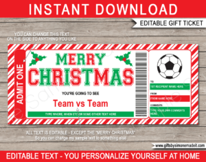 Christmas Soccer Ticket Template | Printable Game Ticket Gift Ideas | DIY Printable Gift Certificate Voucher Card with Editable Text | NSTANT DOWNLOAD via giftsbysimonemadeit.com