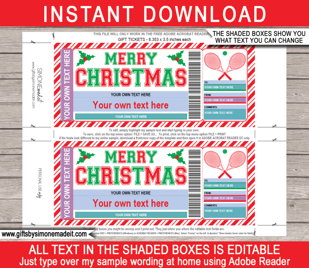 Christmas Tennis Ticket Template | Printable Match Ticket Gift Ideas | DIY Printable Gift Certificate Voucher Card with Editable Text | NSTANT DOWNLOAD via giftsbysimonemadeit.com