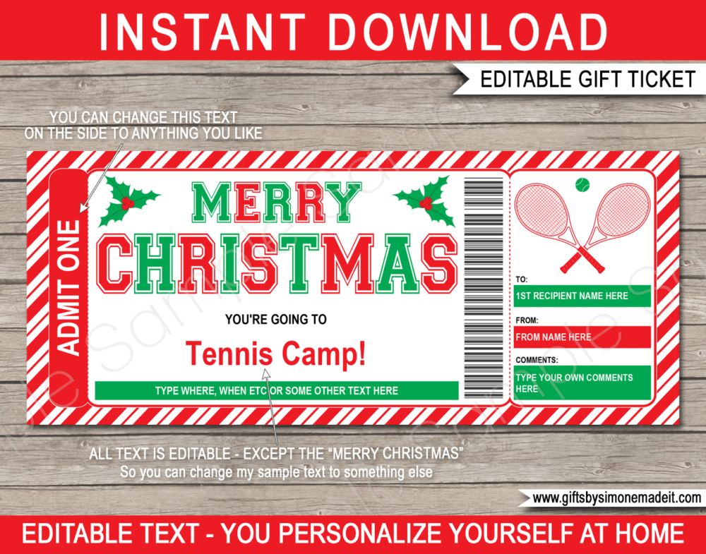 Christmas Tennis Camp Ticket Template | Gift Ideas | DIY Printable Gift Certificate Voucher Card with Editable Text | NSTANT DOWNLOAD via giftsbysimonemadeit.com