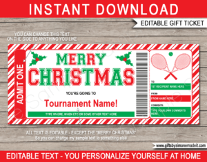Christmas Tennis Ticket Template | Printable Match Ticket Gift Ideas | DIY Printable Gift Certificate Voucher Card with Editable Text | NSTANT DOWNLOAD via giftsbysimonemadeit.com