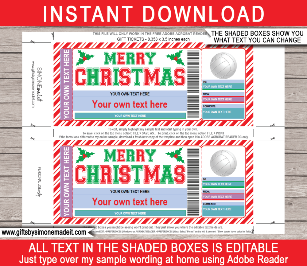 Christmas Volleyball Ticket Template | Printable Game Ticket Gift Ideas | DIY Printable Gift Certificate Voucher Card with Editable Text | NSTANT DOWNLOAD via giftsbysimonemadeit.com