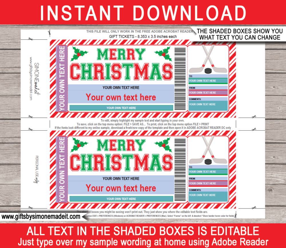 Christmas Hockey Ticket Template | Printable Game Ticket Gift Ideas | DIY Printable Gift Certificate Voucher Card with Editable Text | NSTANT DOWNLOAD via giftsbysimonemadeit.com