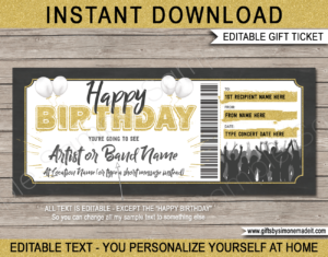 Birthday Rock Concert Ticket Template | Band, Artist, Gig, Performance ​Gift Voucher / Certificate | DIY Printable with Editable Text | Last Minute Gift | Instant Download via giftsbysimonemadeit.com