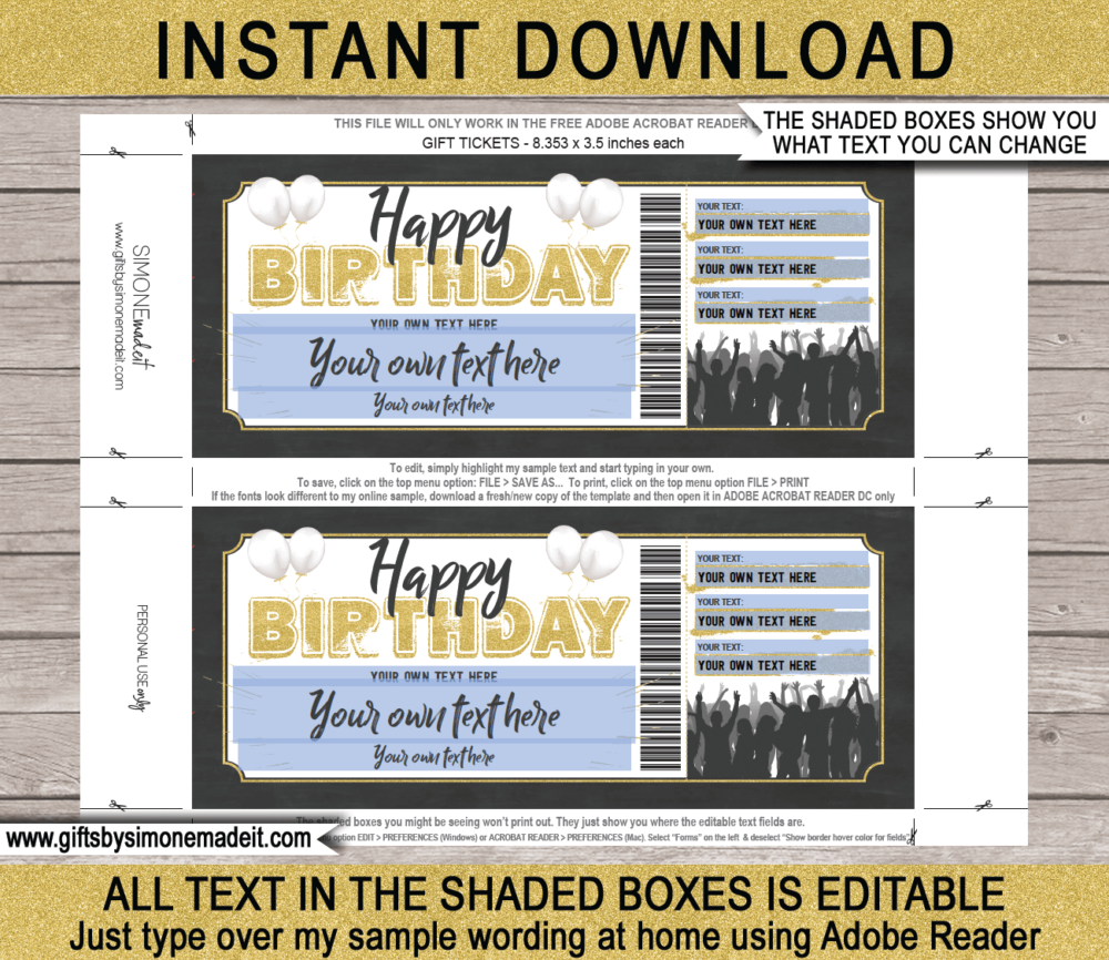 Birthday Rock Concert Ticket Template | Band, Artist, Gig, Performance ​Gift Voucher / Certificate | DIY Printable with Editable Text | Last Minute Gift | Instant Download via giftsbysimonemadeit.co