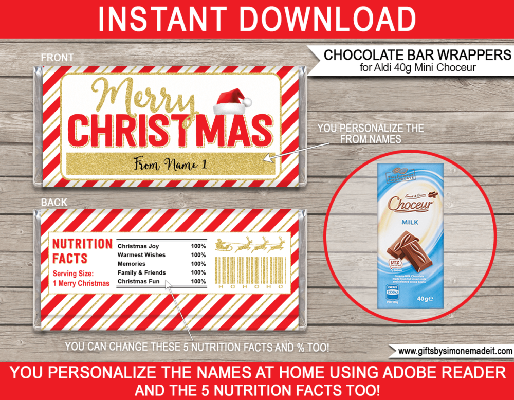 Printable Christmas Chocolate Bar Wrapper Template | Aldi 40g Mini Choceur Label | Easy Gift Idea for Family, Kids, School Class, Classroom | DIY with Editable Text | INSTANT DOWNLOAD via giftsbysimonemadeit.com