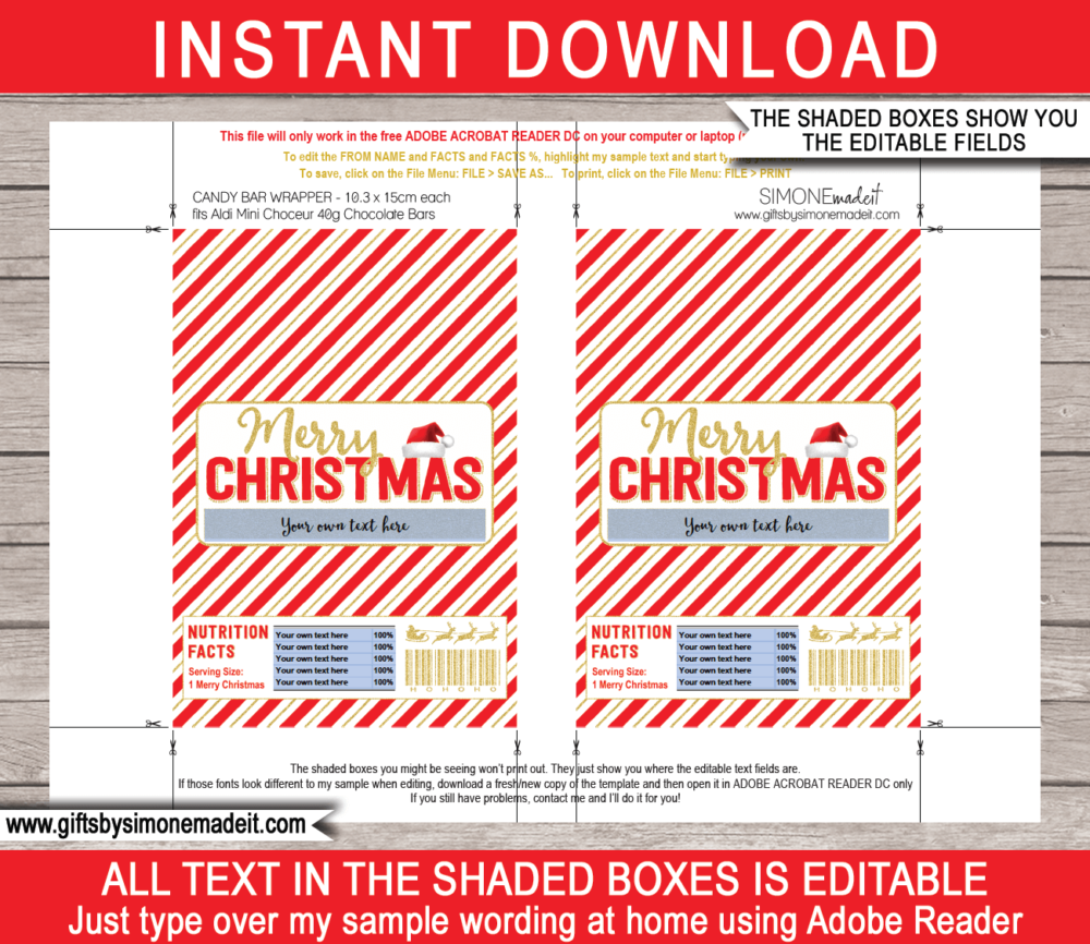 Printable Christmas Chocolate Bar Wrapper Template | Aldi 40g Mini Choceur Label | Easy Gift Idea for Family, Kids, School Class, Classroom | DIY with Editable Text | INSTANT DOWNLOAD via giftsbysimonemadeit.com