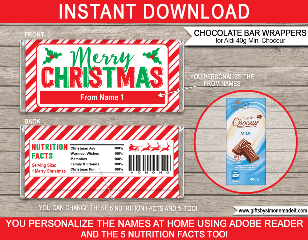 Printable Christmas Chocolate Bar Labels Template | Aldi 40g Mini Choceur Wrappers | Easy Gift Idea for Family, Kids, School Class, Classroom | DIY with Editable Text | INSTANT DOWNLOAD via giftsbysimonemadeit.com