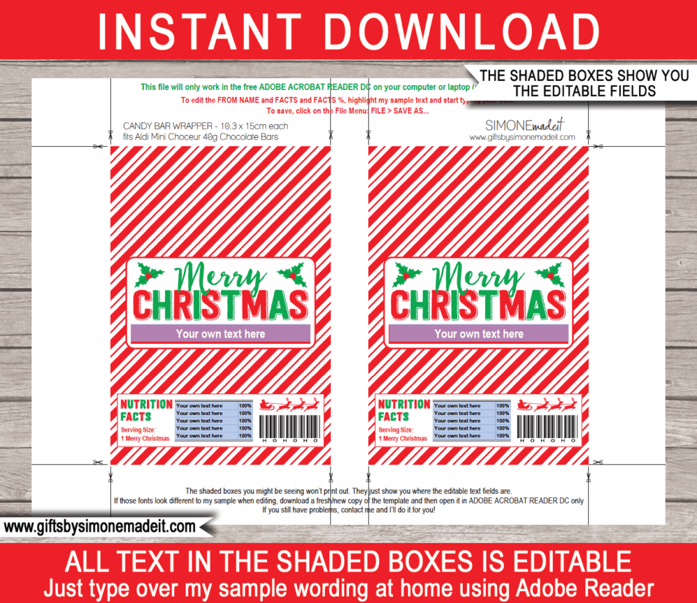 Printable Christmas Chocolate Bar Labels Template | Aldi 40g Mini Choceur Wrappers | Easy Gift Idea for Family, Kids, School Class, Classroom | DIY with Editable Text | INSTANT DOWNLOAD via giftsbysimonemadeit.com