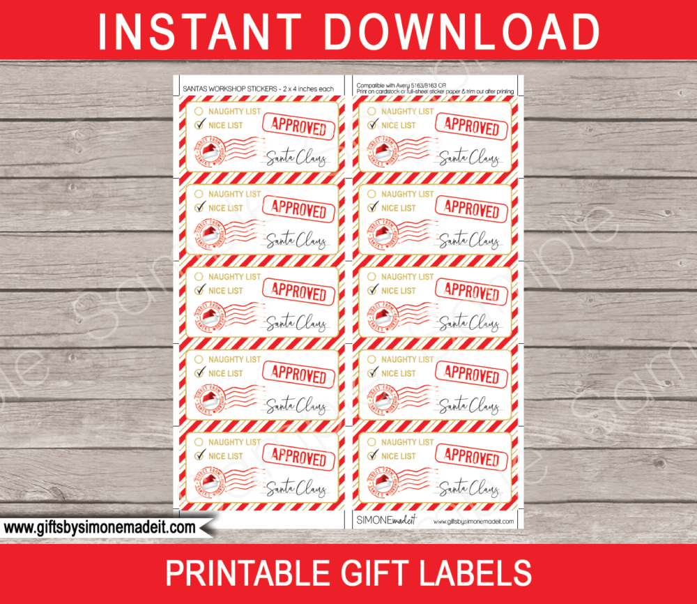Printable Santa Gift Labels Template | Approved by Santa | Naughty Nice List | INSTANT DOWNLOAD via giftsbysimonemadeit.com