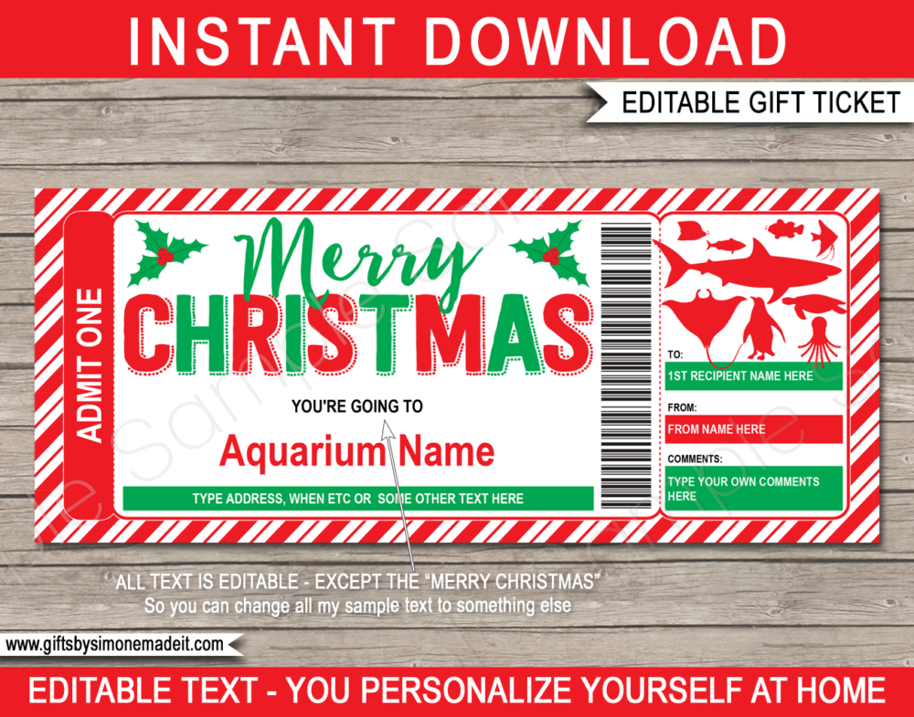 Christmas Aquarium Ticket Template | Printable Gift Voucher, Certificate, Card with Editable Text | INSTANT DOWNLOAD via giftsbysimonemadeit.com