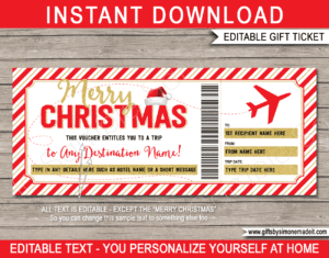 Christmas Plane Ticket Voucher Template | Printable Boarding Pass Gift | Surprise Trip Reveal Gift Idea | DIY Fake Plane Ticket with Editable Text | INSTANT DOWNLOAD via giftsbysimonemadeit.com