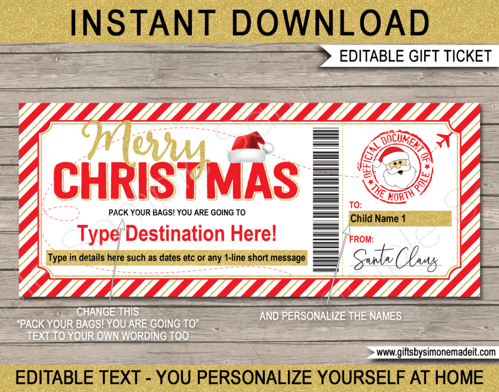 Plane Ticket from Santa Template | Editable & Printable Christmas Boarding Pass Gift ​for kids ​| Custom Christmas Surprise Trip Reveal Announcement | Instant Download via giftsbysimonemadeit.com