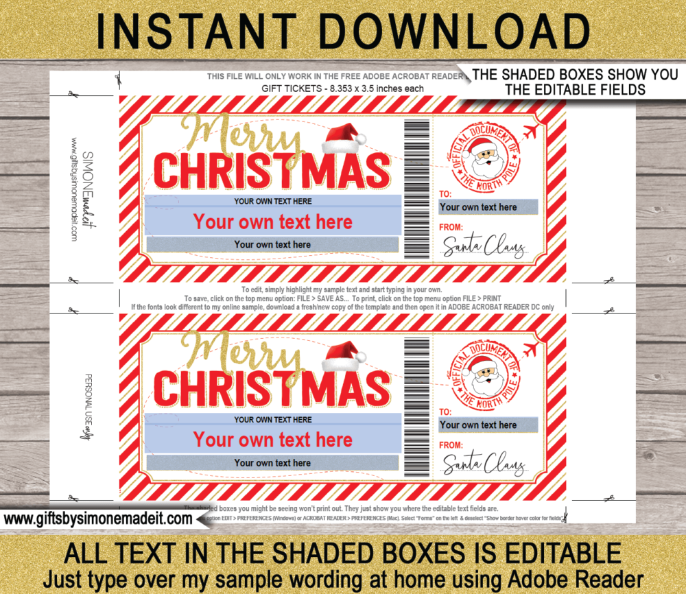 Plane Ticket from Santa Template | Editable & Printable Christmas Boarding Pass Gift ​for kids ​| Custom Christmas Surprise Trip Reveal Announcement | Instant Download via giftsbysimonemadeit.com