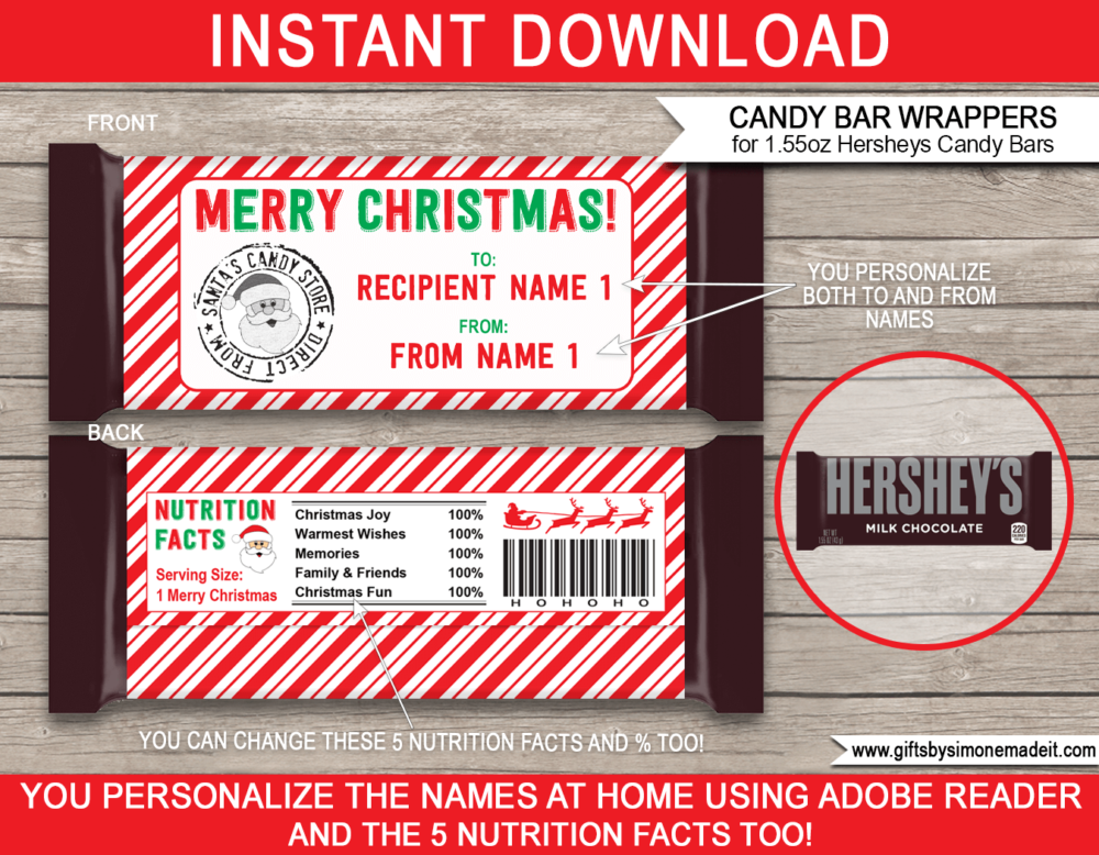 Christmas Candy Bar Wrapper Class Gift Template | Personalized Classroom Gifts | 1.55oz Hersheys Candy Bars | Friend or Class Christmas Gifts direct from Santa's Candy Store | INSTANT DOWNLOAD via giftsbysimonemadeit.com
