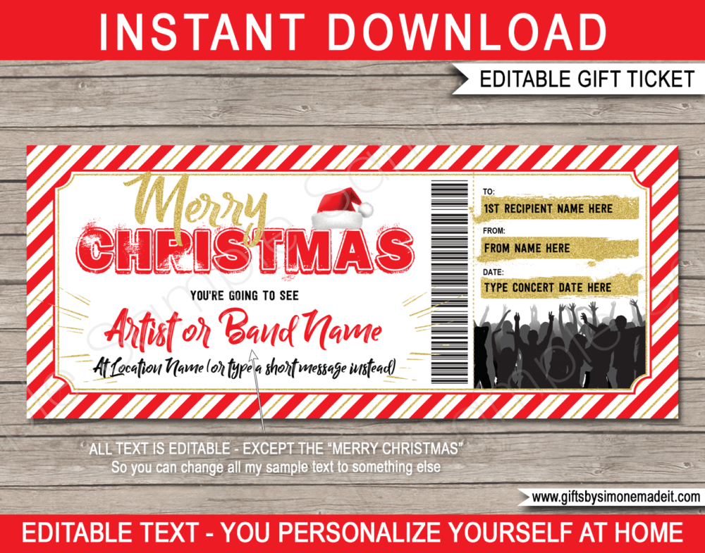 Christmas Rock Concert Ticket Gift Template | Band, Artist, Performance, Gig Gift Voucher / Certificate | DIY Printable with Editable Text | Last Minute Gift | Instant Download via giftsbysimonemadeit.com