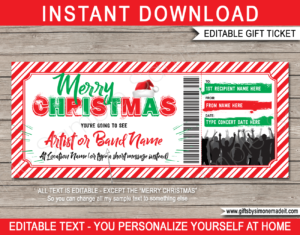 Christmas Rock Concert Ticket Gift Template | Band, Artist, Performance, Gig Gift Voucher / Certificate | DIY Printable with Editable Text | Last Minute Gift | Instant Download via giftsbysimonemadeit.com