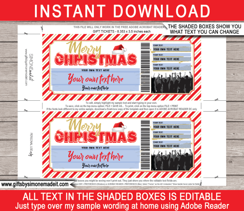 Christmas Rock Concert Ticket Gift Template | Band, Artist, Performance, Gig Gift Voucher / Certificate | DIY Printable with Editable Text | Last Minute Gift | Instant Download via giftsbysimonemadeit.com