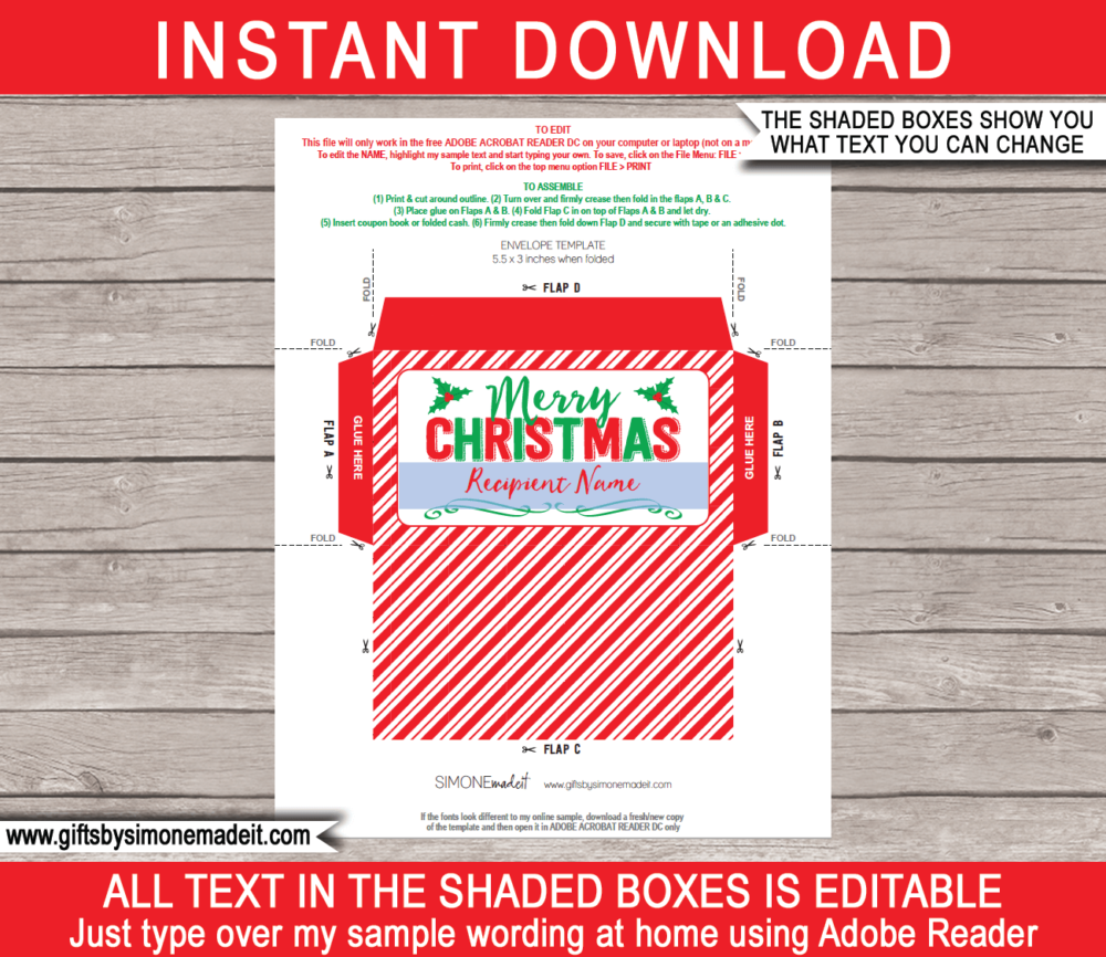 Printable Christmas Envelope Template | DIY Personalized Xmas Envelope for Coupons or Money Gift | Editable Text | Last Minute Christmas gift | Kids and Family | Instant Download via simonemadeit.com