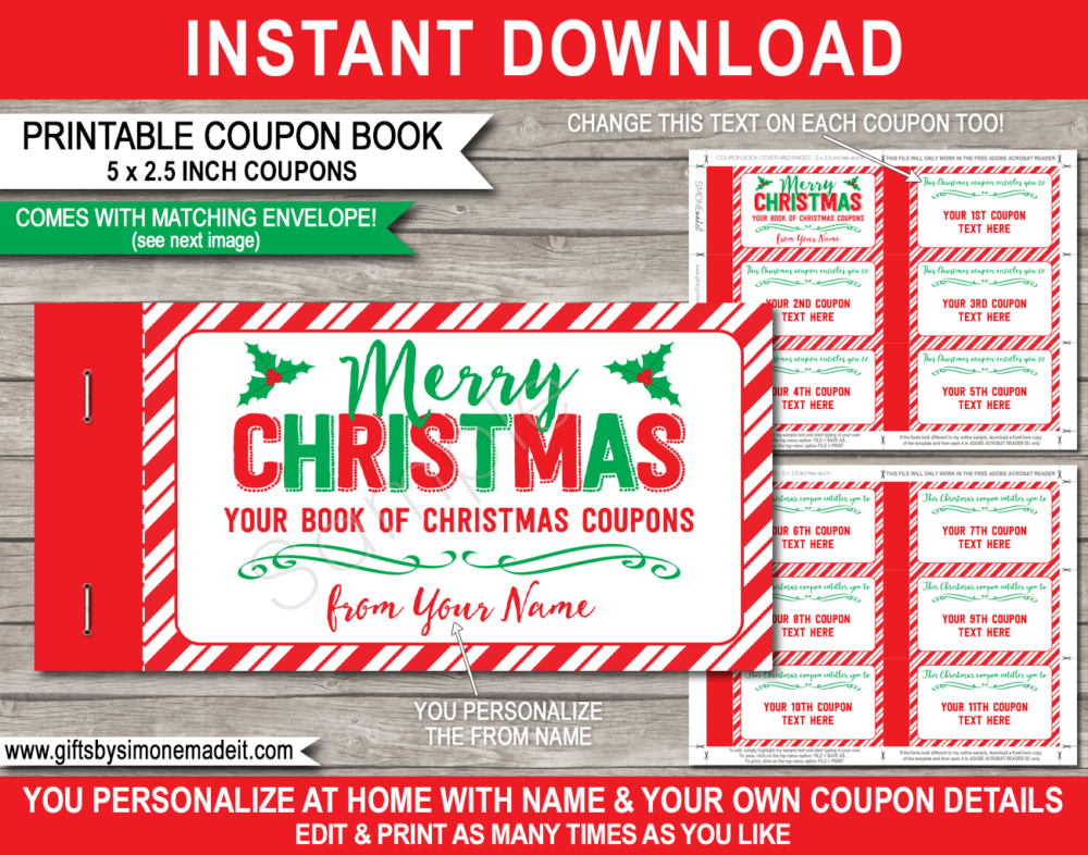 Christmas DIY Coupon Book Template | Printable Personalized Vouchers Christmas Gift Last minute | DIY Editable Vouchers | kids and family | Instant Download via giftsbysimonemadeit.com