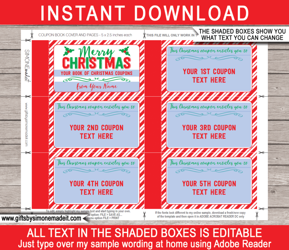 Christmas DIY Coupon Book Template | Printable Personalized Vouchers Christmas Gift Last minute | DIY Editable Vouchers | kids and family | Instant Download via giftsbysimonemadeit.com